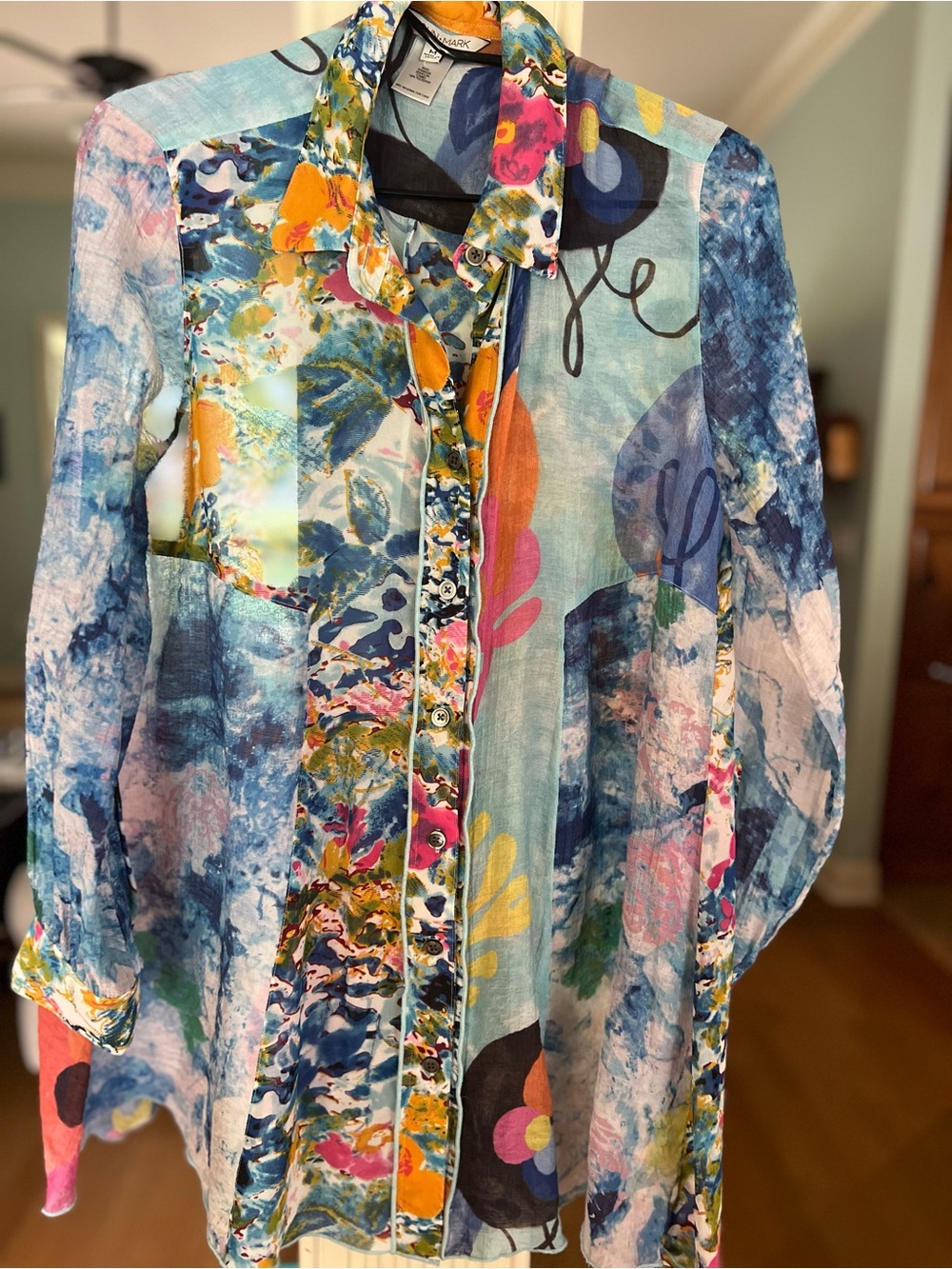 John Mark Multicolor Floral-Print Button Front Blouse Mix Print Boho M Statement - Picture 8 of 11